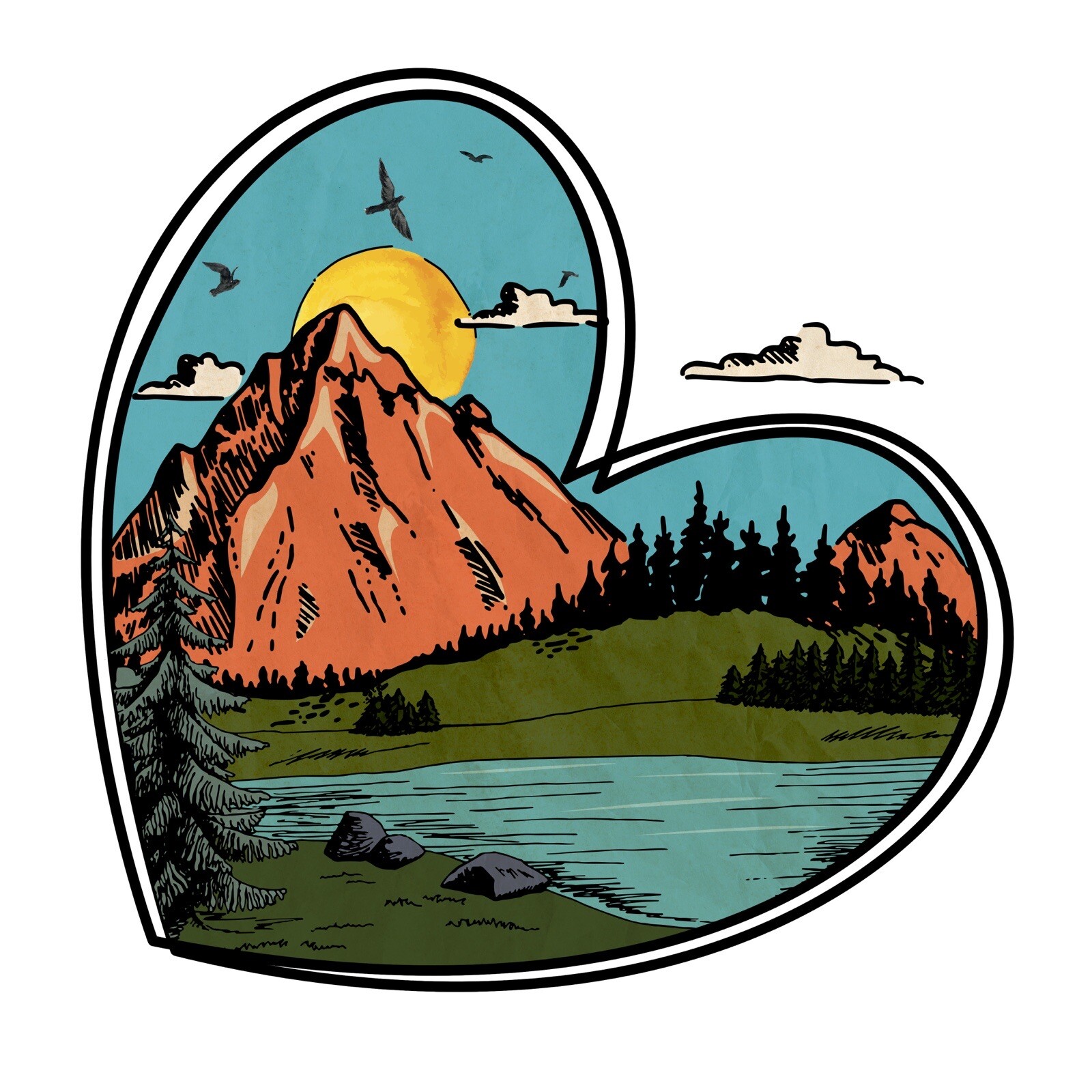 3” Heart Mountains Sticker Family Hike Travel Outdoors Wildlife Forest Lake
