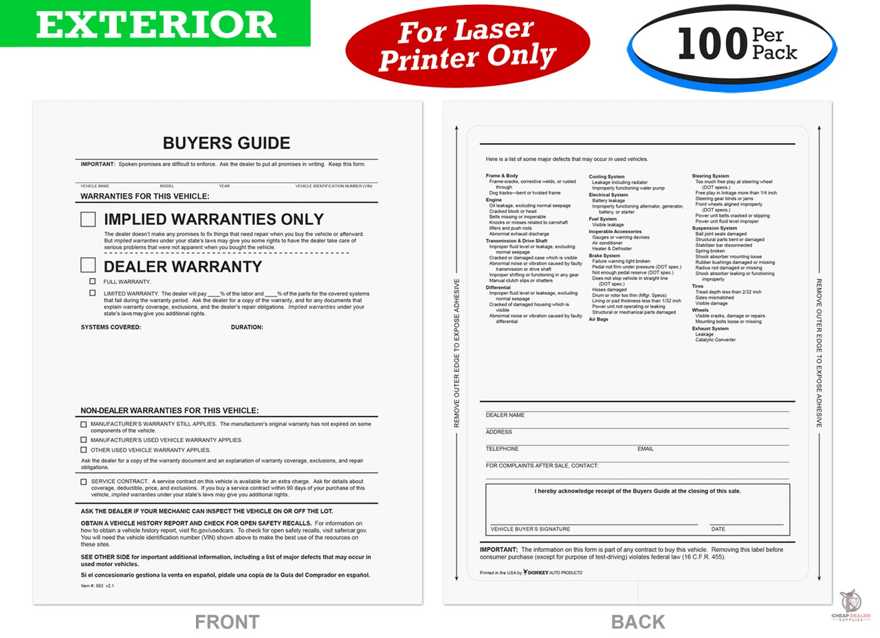 Exterior Buyers Guides – Implied Warranties Or Dealer Warranty (100 Per Pack)
