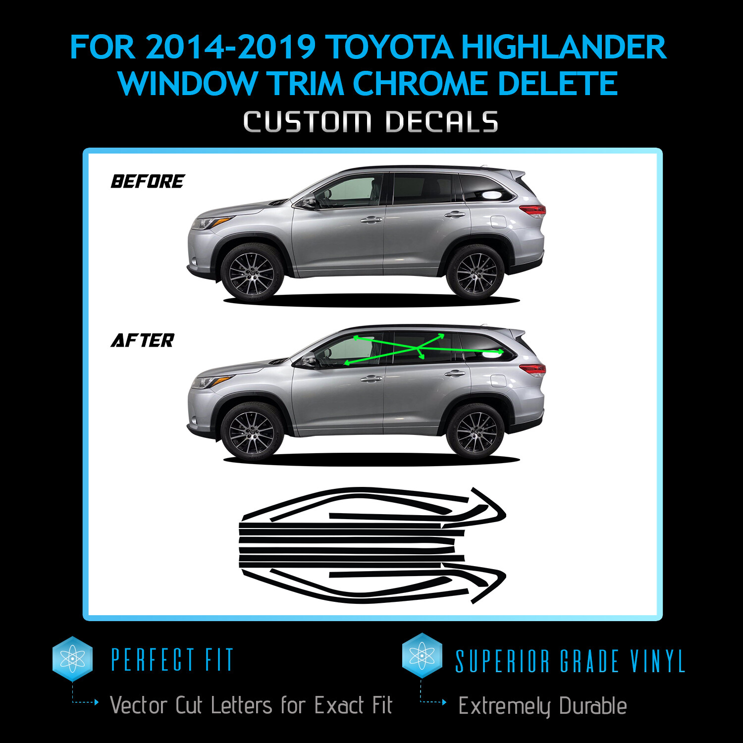 For 2014-2019 Toyota Highlander Window Trim Chrome Delete Blackout Overlay Vinyl