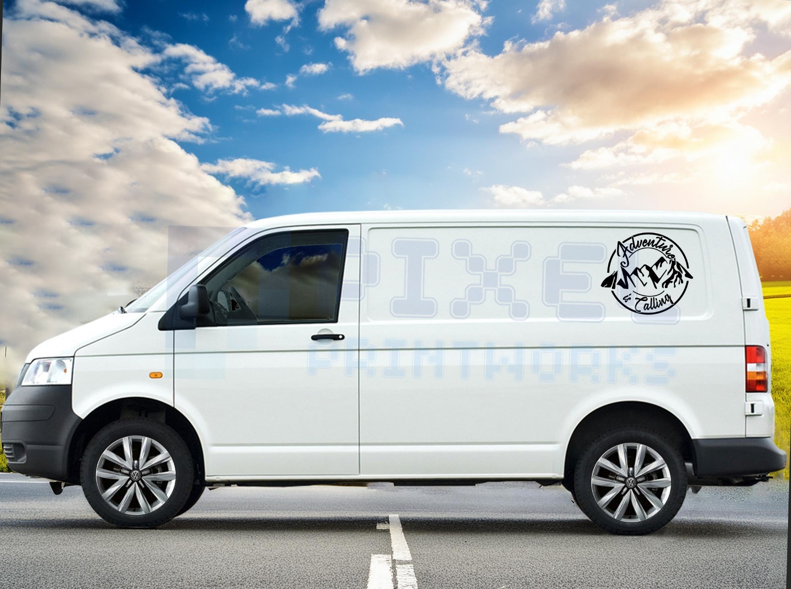 ‘Adventure Is Calling’ Mountain Vinyl Decal with Script Font by Pixel Printworks
