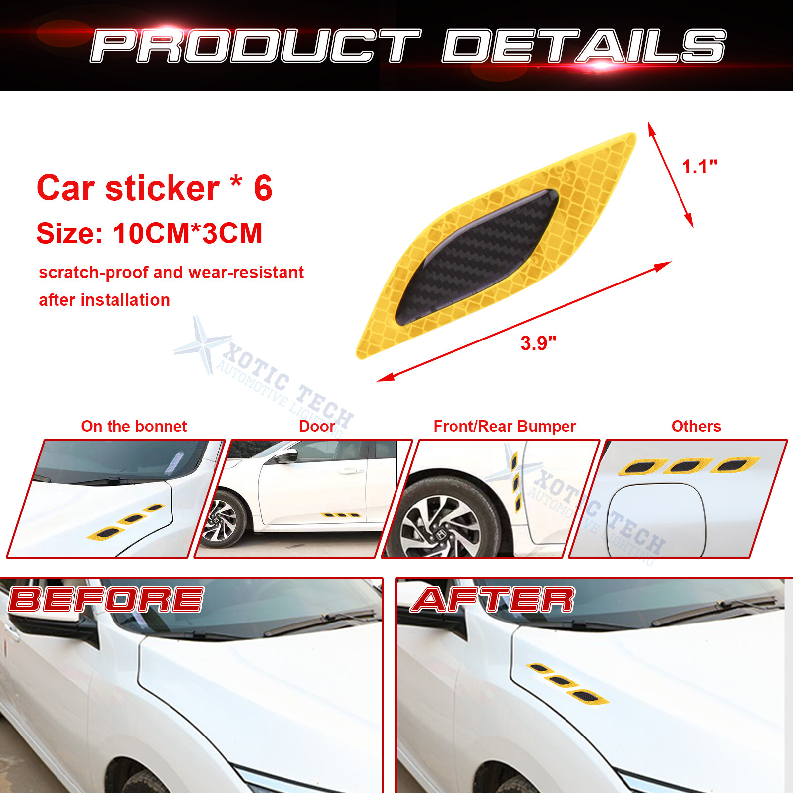6pcs Yellow PVC Carbon Fiber Texture Strong Reflective Sticker Decal Universal