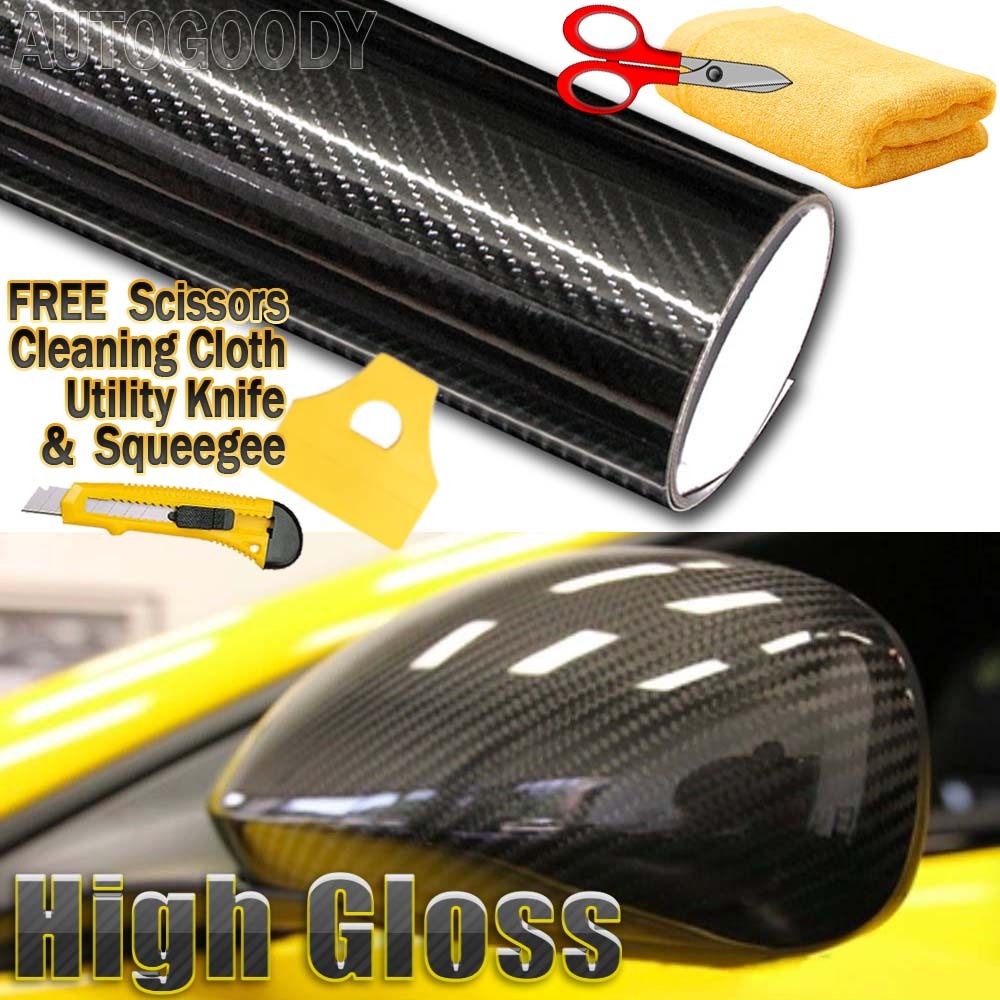 5D Premium HIGH GLOSS Black Carbon Fiber Vinyl Wrap Bubble Free Air Release 6D