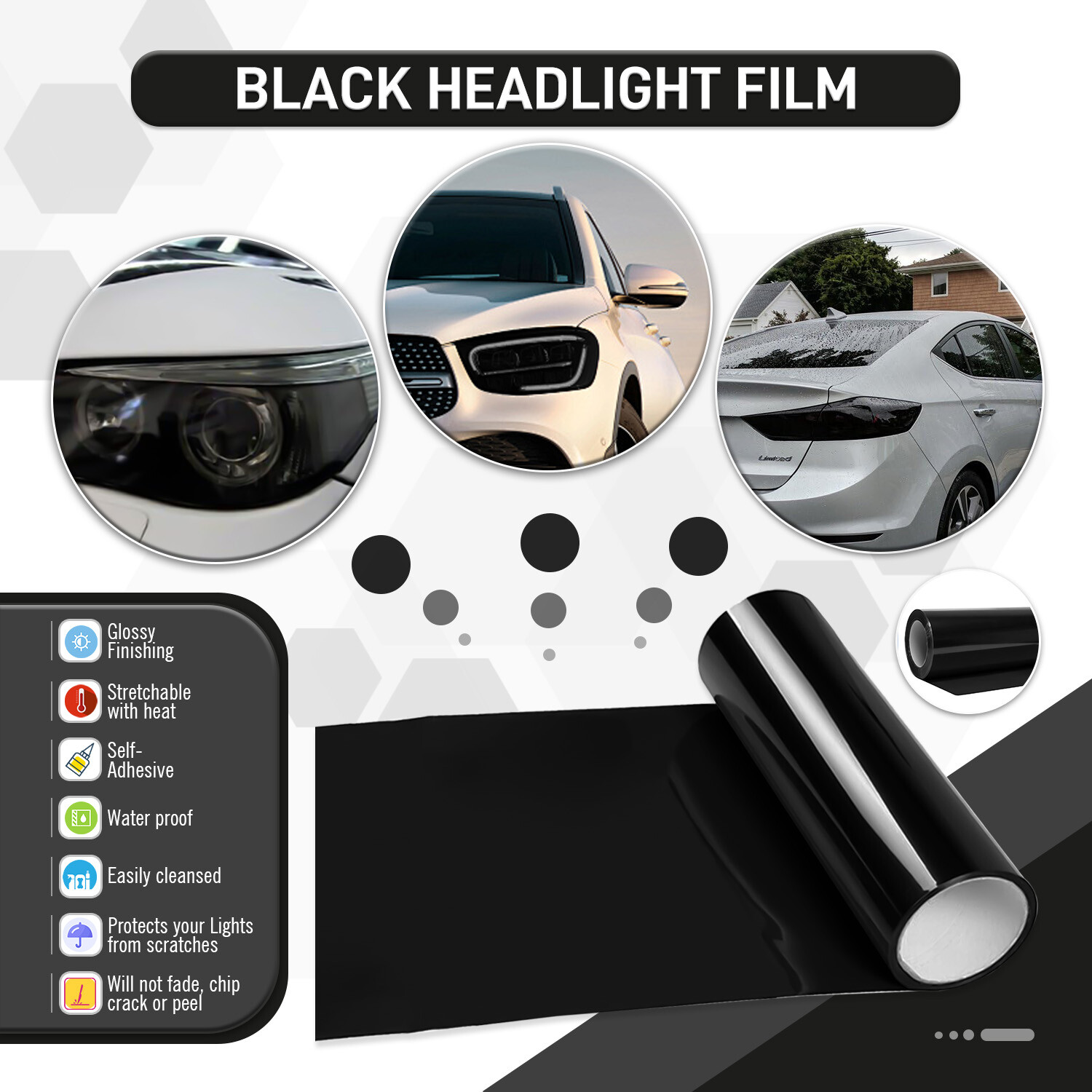 Premium Vinyl Film Self Adhesive Headlight Tail Lights Fog Lights Tint Black