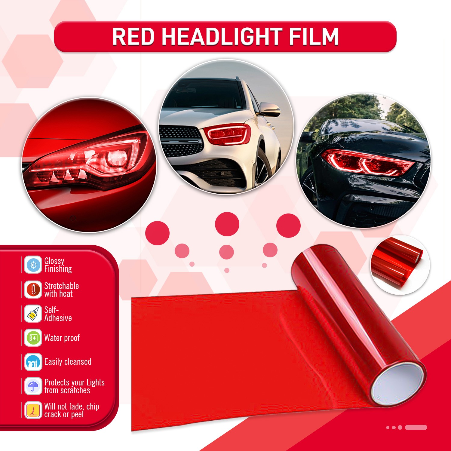 Durable Red Headlight Taillight Fog Light Vinyl Wrap Sticker Tint Film DIY