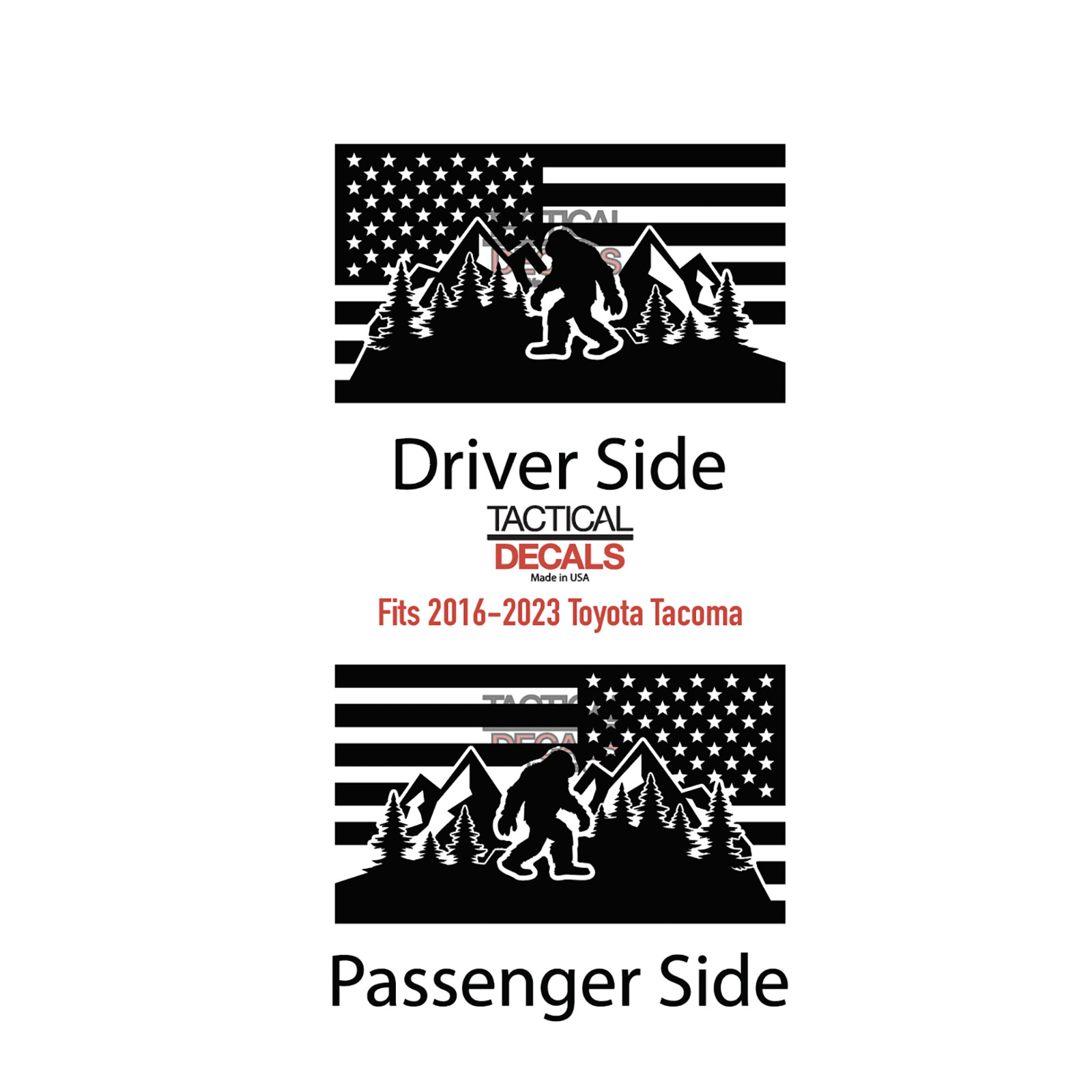 USA flag sasquatch in mountains scene decal for 2016-2023 Toyota Tacoma TT3-DG3