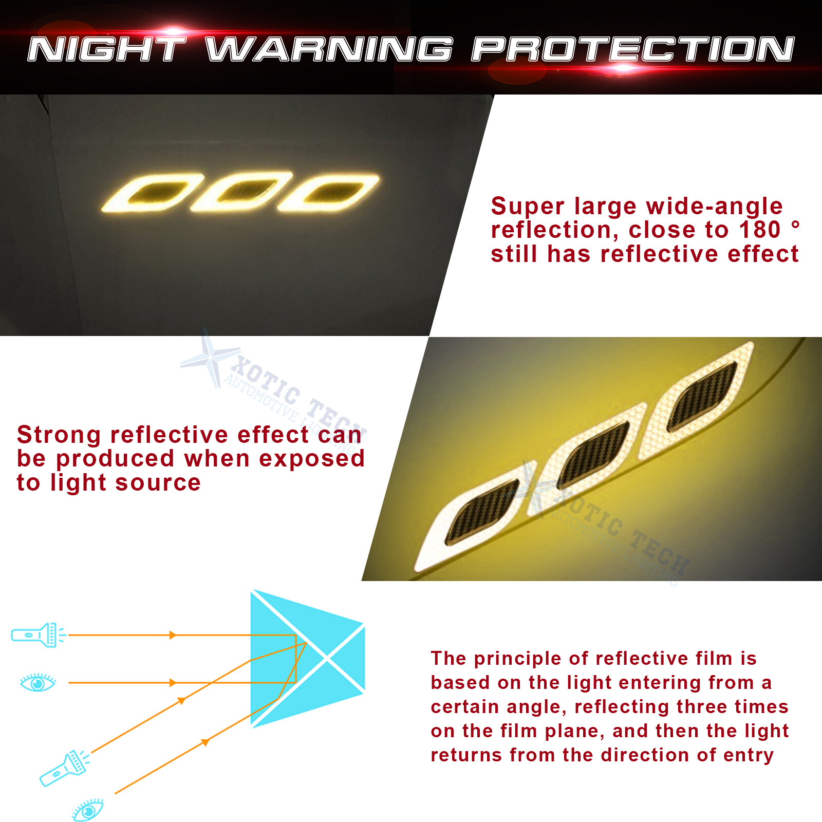 6pcs Yellow PVC Carbon Fiber Texture Strong Reflective Sticker Decal Universal