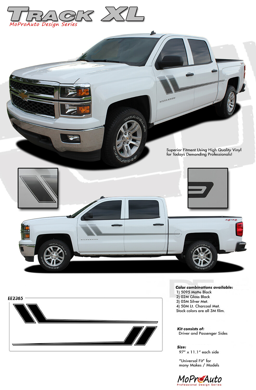 2000-2018 Chevy Silverado Track XL 3M Pro Vinyl Side Door Stripe Decals Graphic