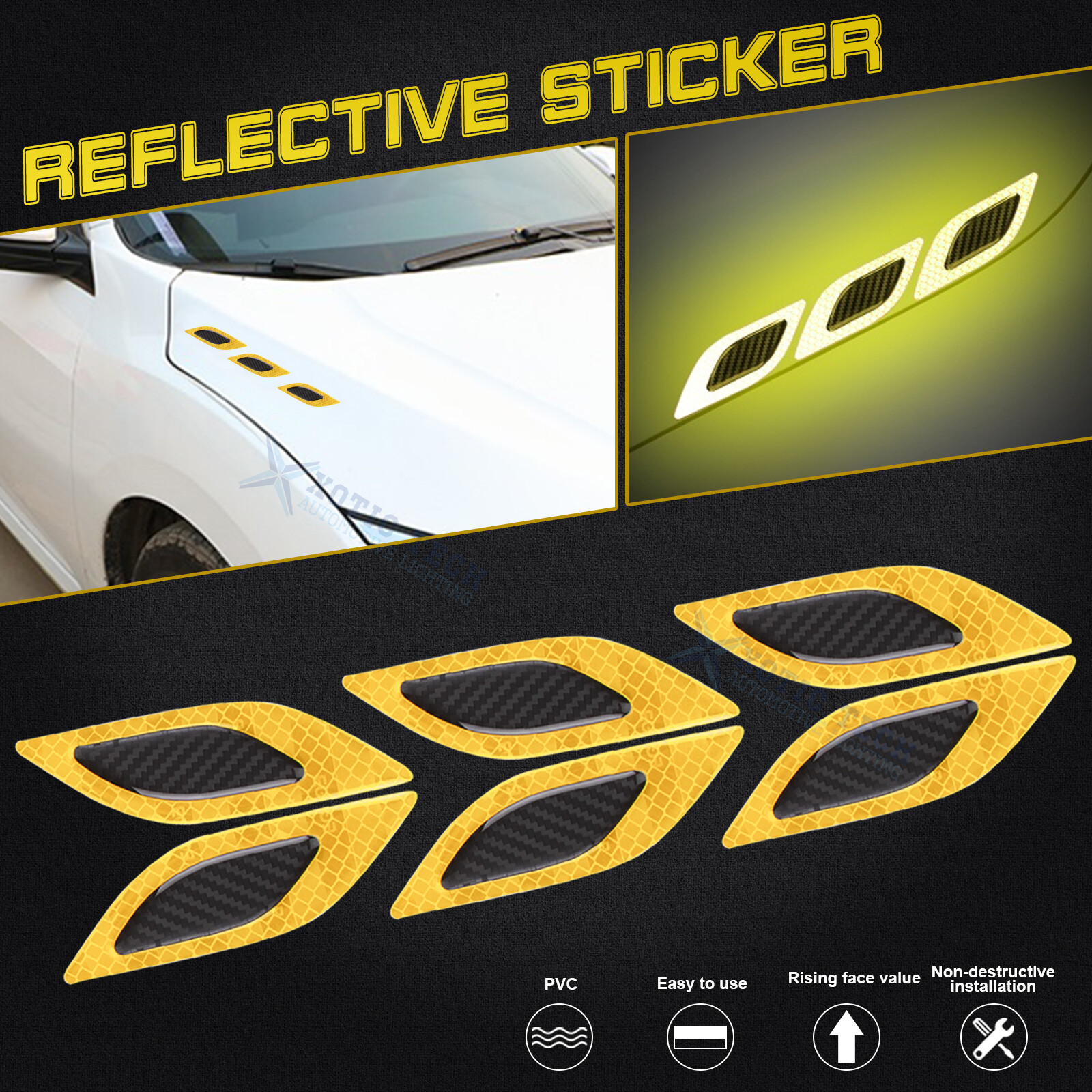 6pcs Yellow PVC Carbon Fiber Texture Strong Reflective Sticker Decal Universal