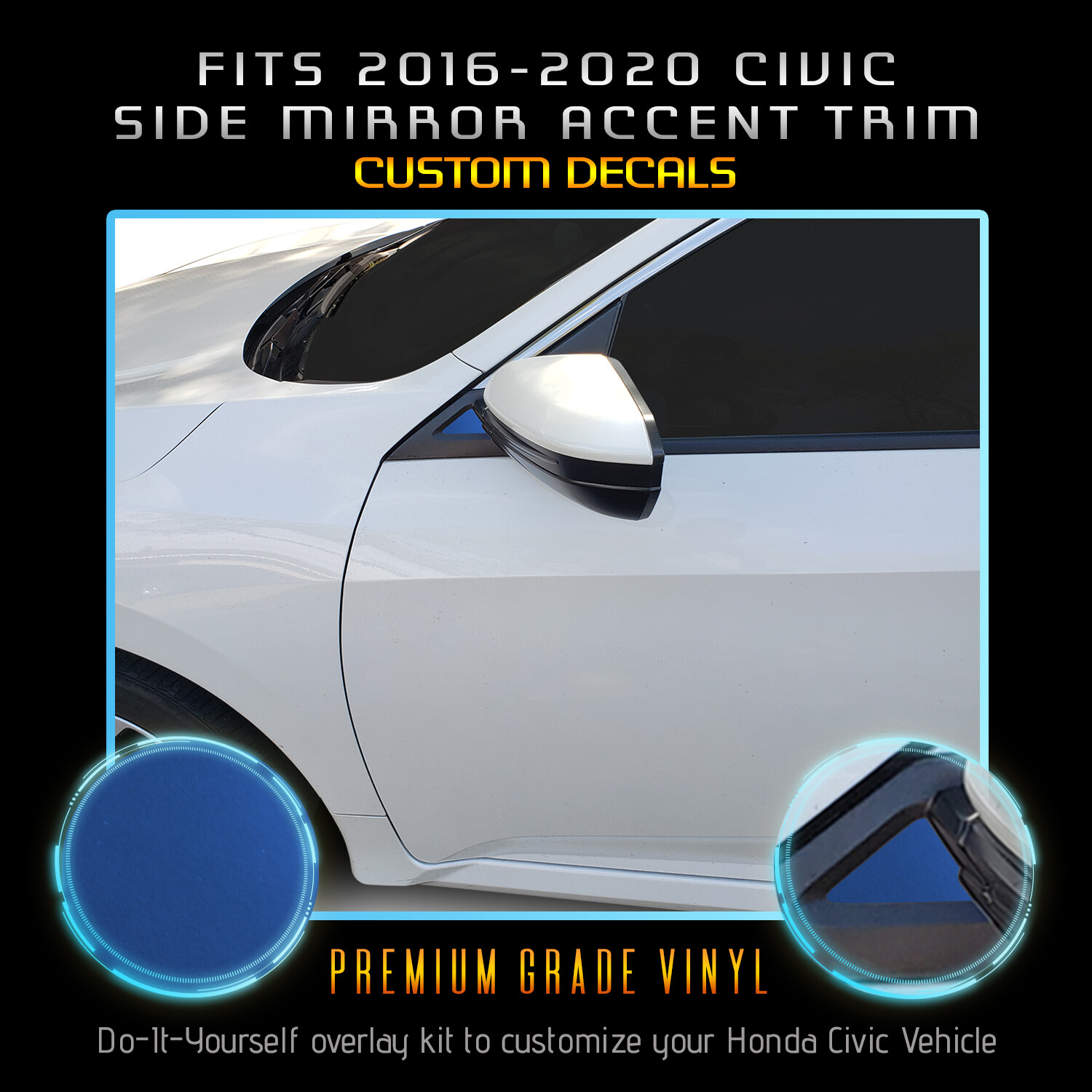 For 2016-2020 Honda Civic Side Mirrors Accent Insert Decals – Satin Matte Chrome