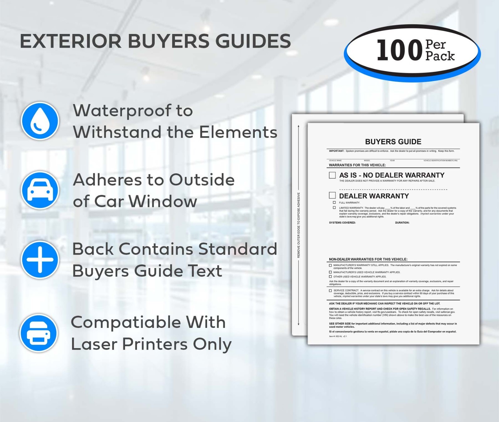Exterior Buyers Guides – As Is Or Dealer Warranty – With Lines (100 Per Pack)