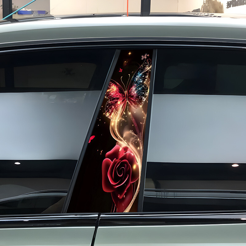 2pcs Butterfly Rose Car Center Pillar Sticker B-pillar Protective Film Decor