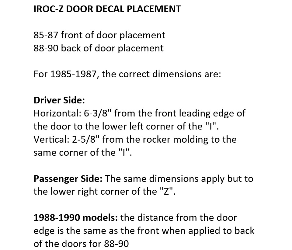 1985-1990 Chevrolet Camaro IROC-Z Door Vinyl Decals Pair Left & Right Silver
