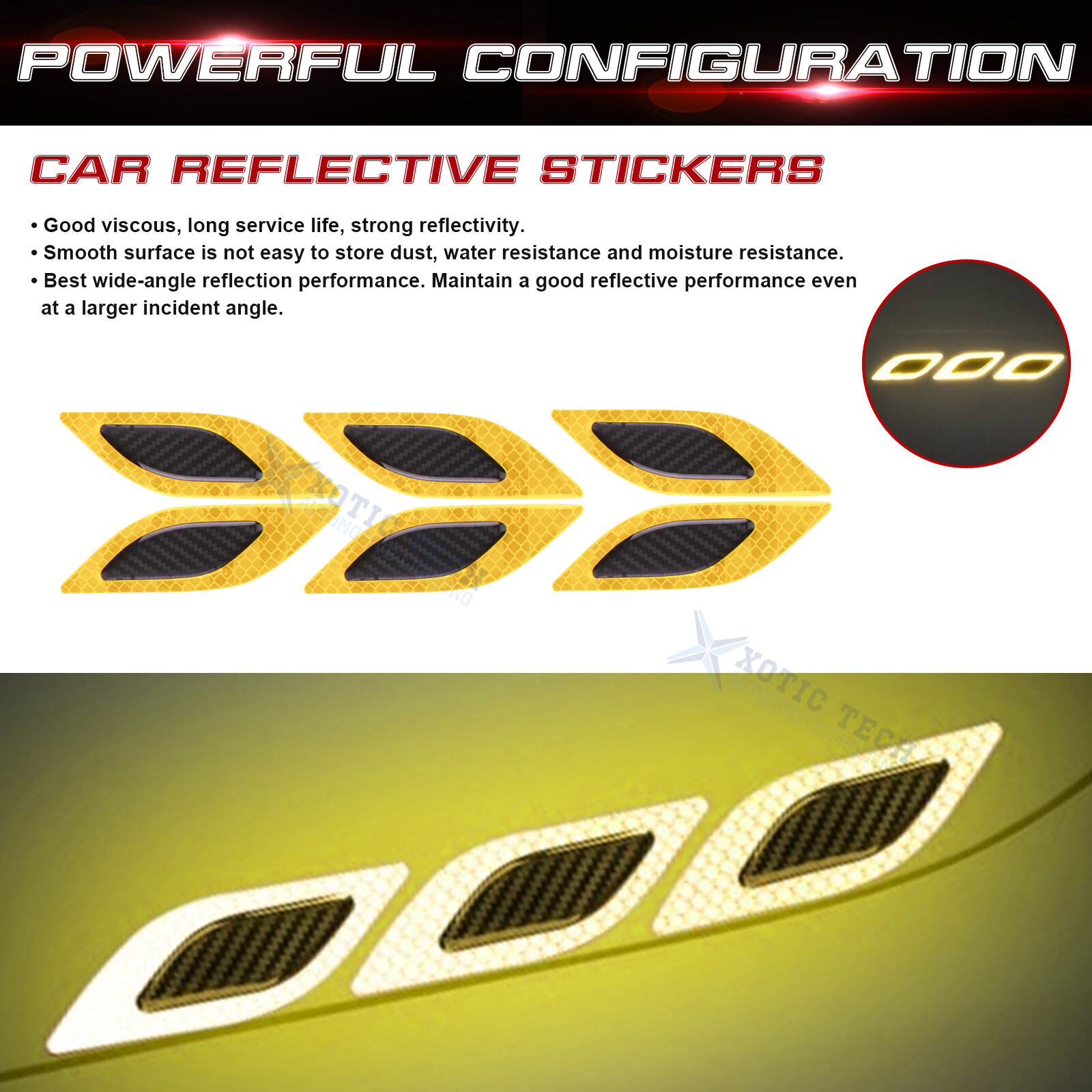 6pcs Yellow PVC Carbon Fiber Texture Strong Reflective Sticker Decal Universal
