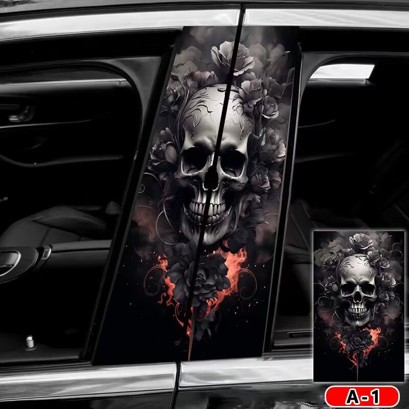 2pcs Halloween Flower Skull Car Center Pillar Sticker B-pillar Protective Film