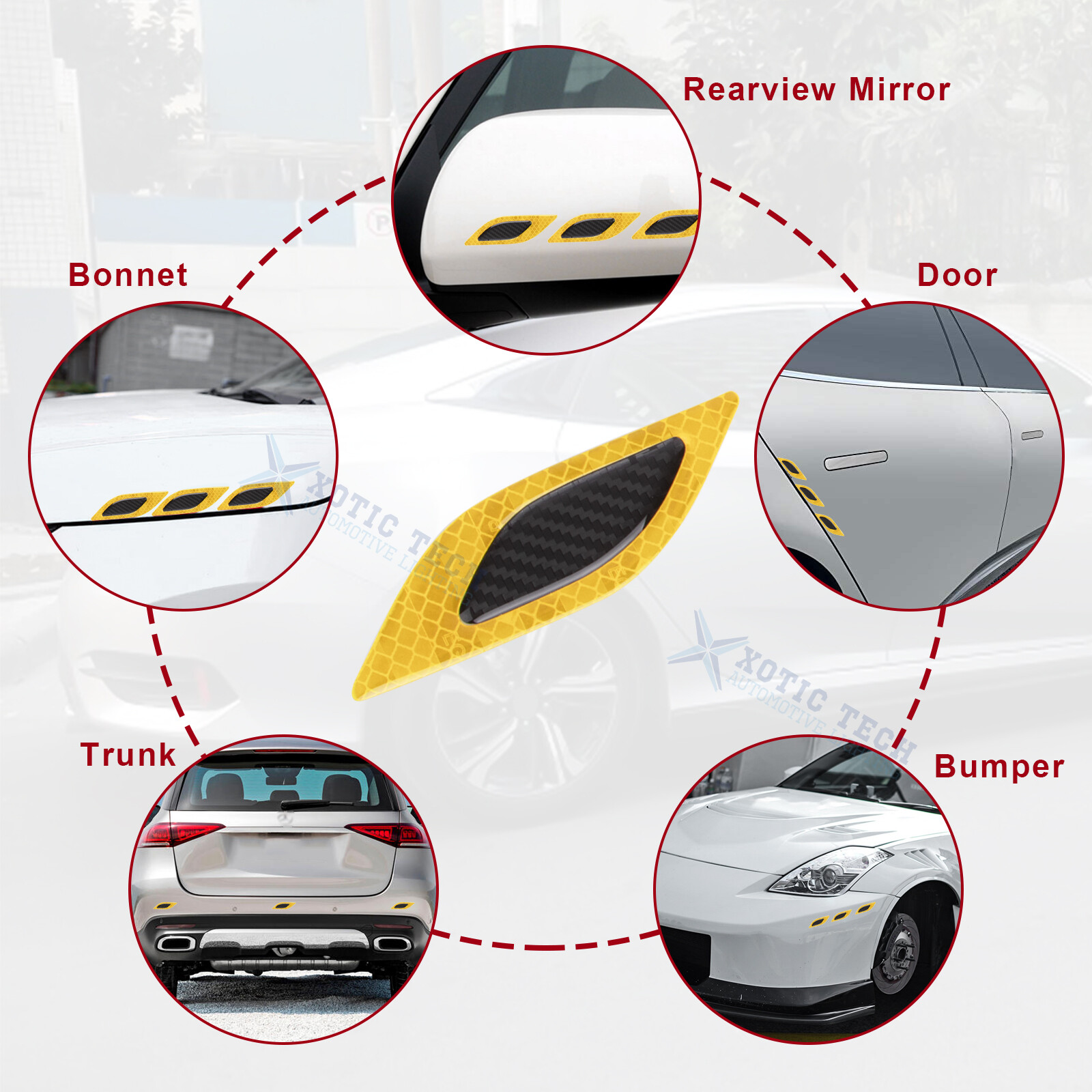 6pcs Yellow PVC Carbon Fiber Texture Strong Reflective Sticker Decal Universal