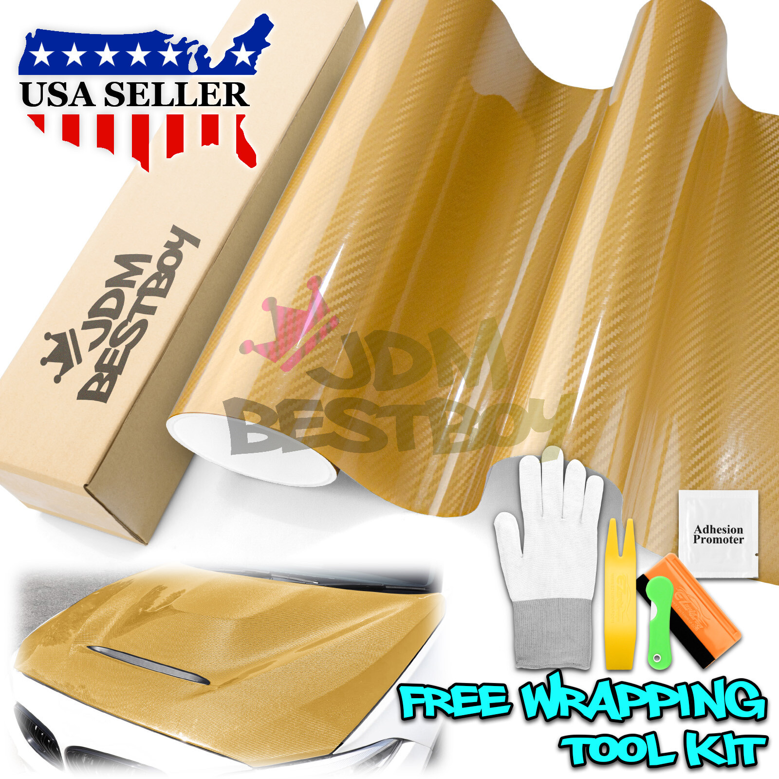 5D Carbon Fiber Gold High Gloss Glossy Auto Vinyl Wrap Sticker Decal Sheet Film