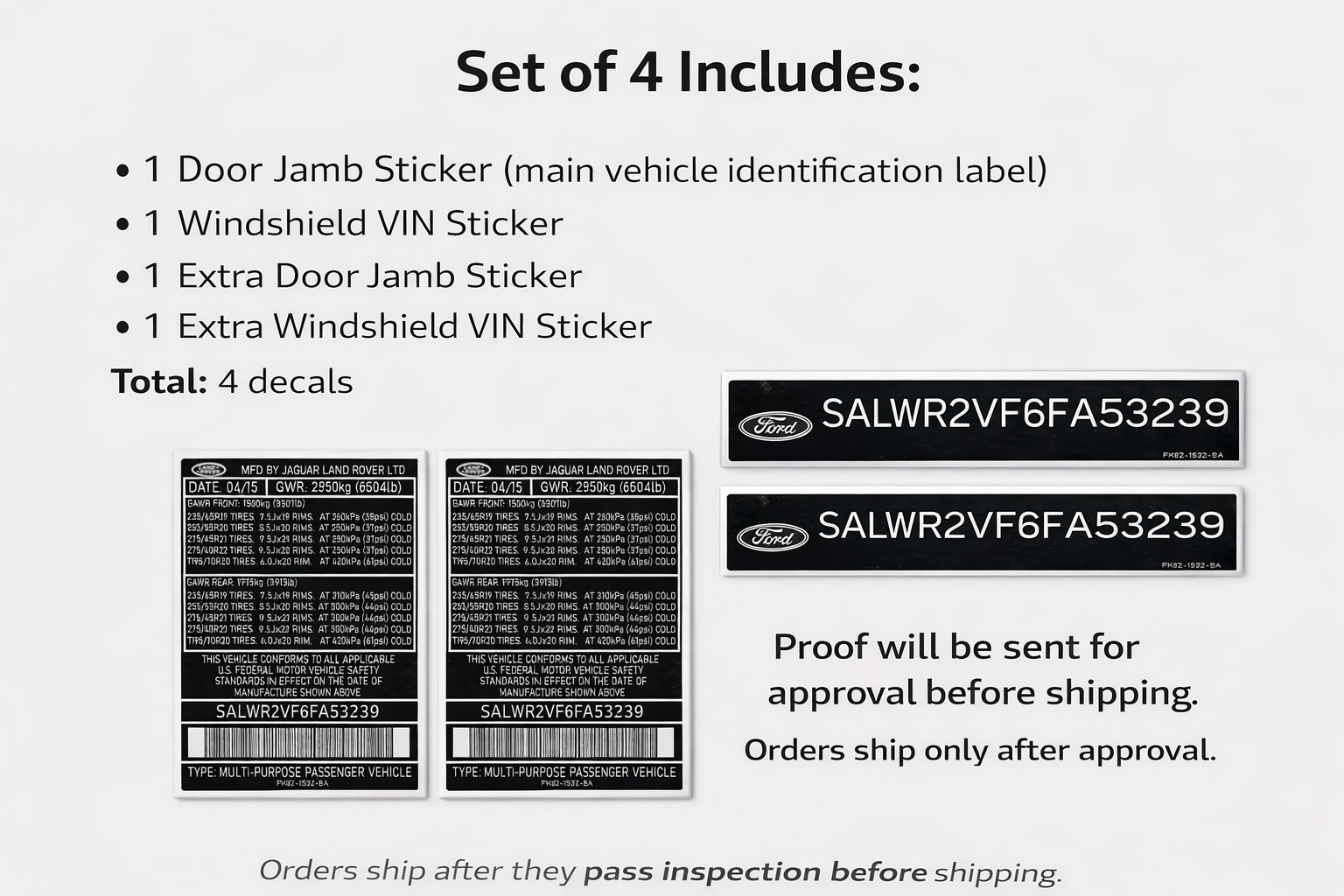 Automobile VIN ID Label Replacement Sticker – Car Identification Decal Set of 4