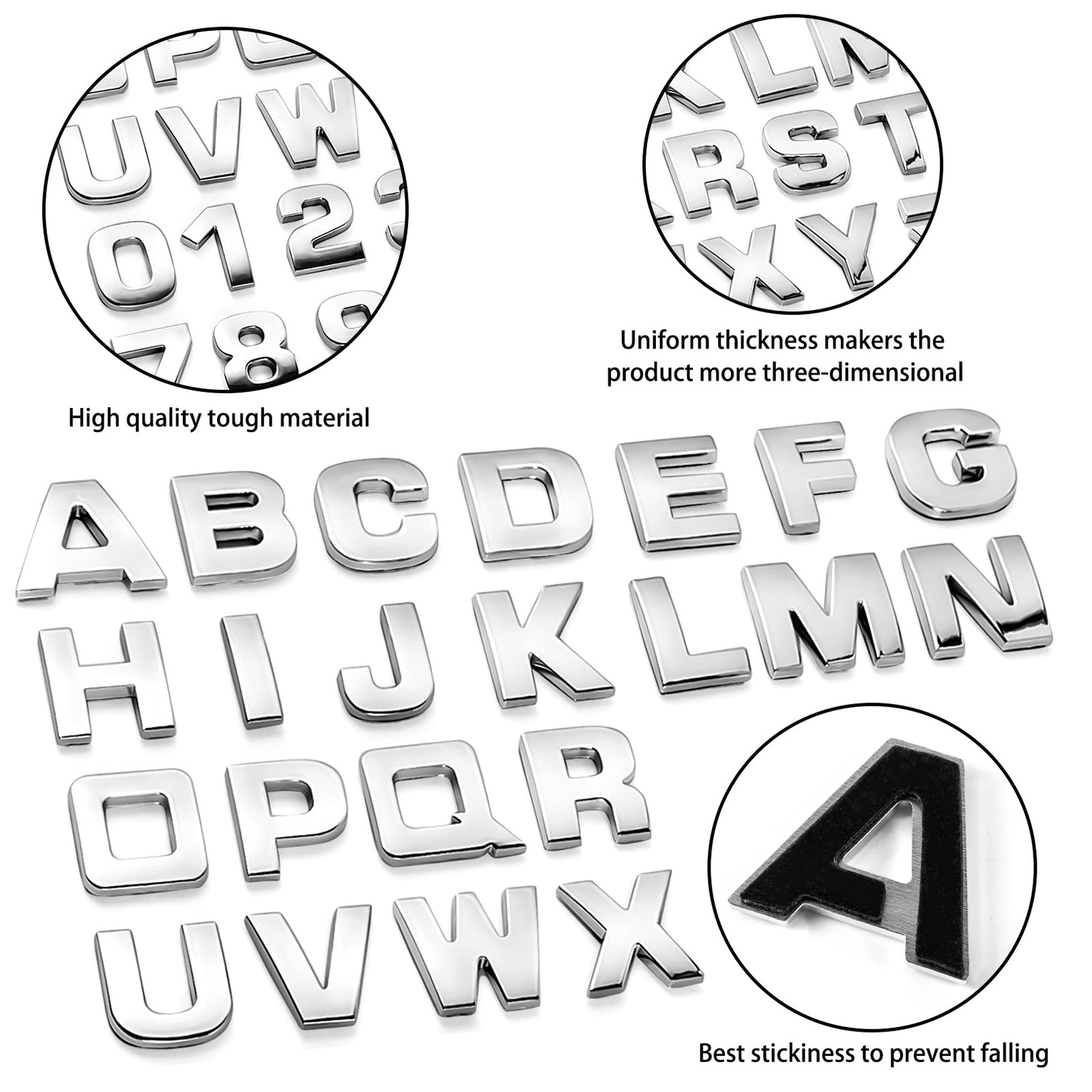 Lamoutor 43Pcs Car Emblem Letters Small size (height 1.1 inches), A-Silver