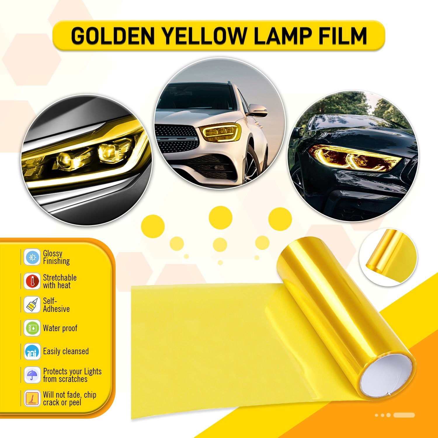 Golden Headlight Taillight Fog Light Tint Film Vinyl Roll, Protective lamp shade