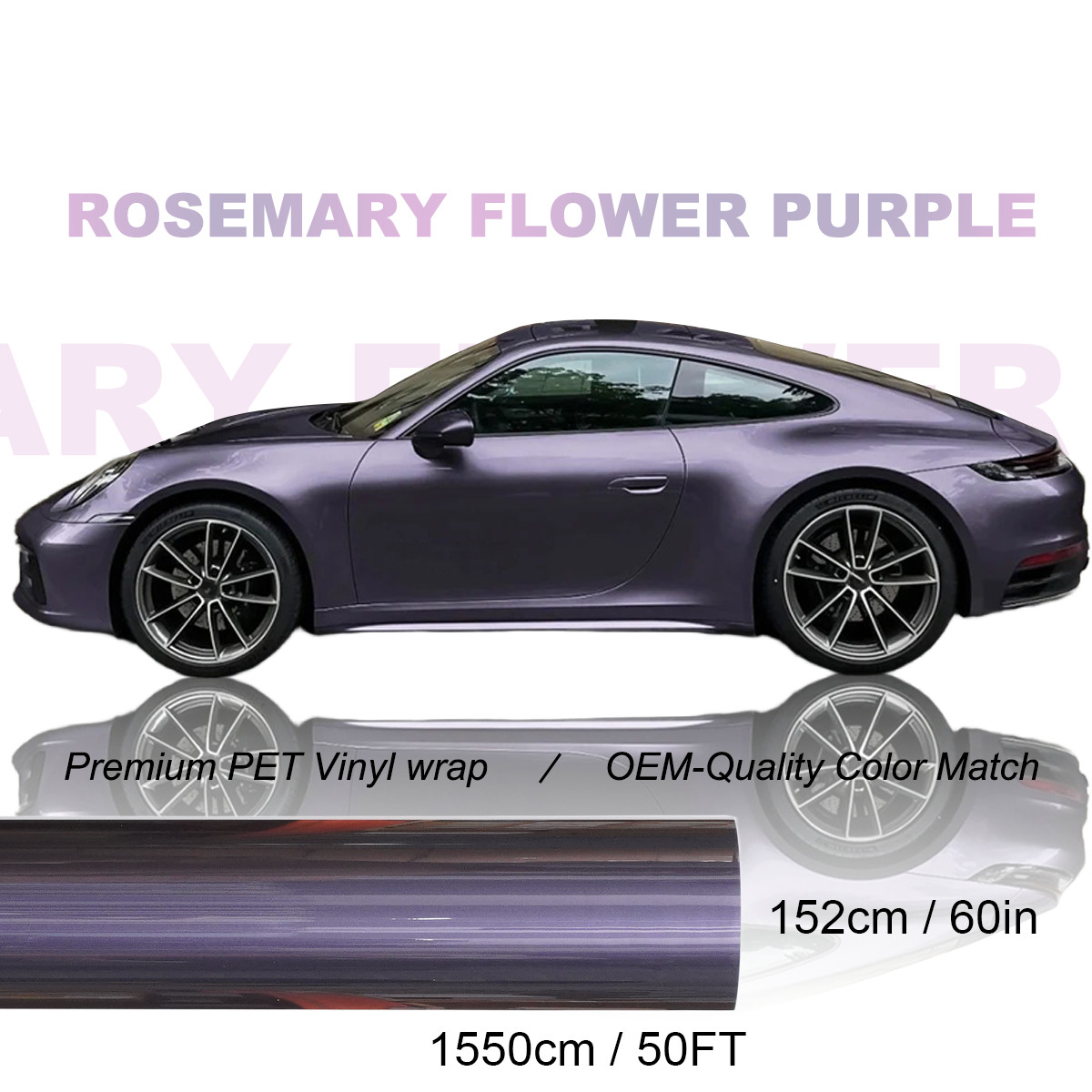 5FTx50FT PET High Gloss Metallic Greyish Rosemary Purple Automotive Vinyl Wrap