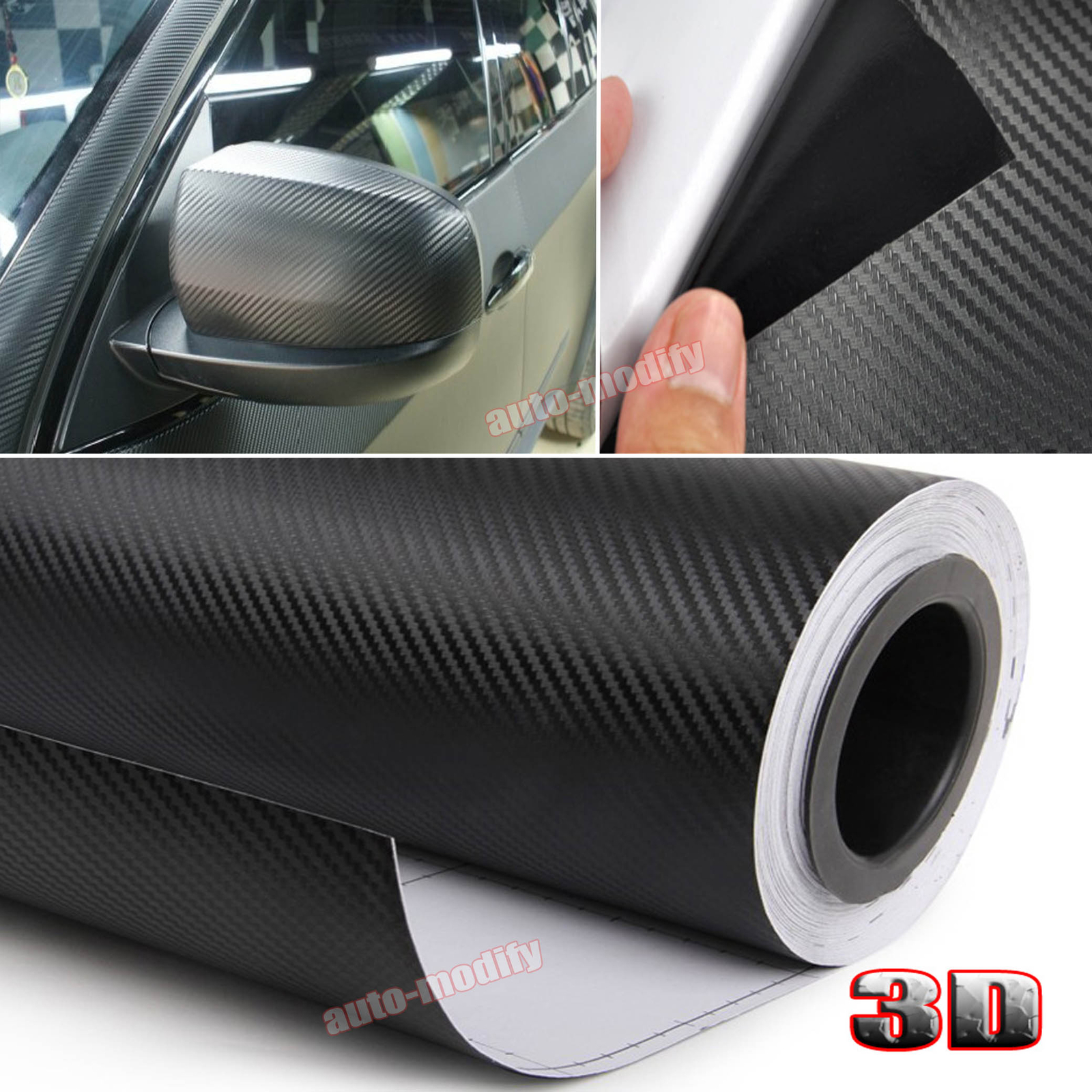 Adhesive Black 3D Car Texture Carbon Fiber Vinyl Wrap Sticker Sheet Strips 12″ W